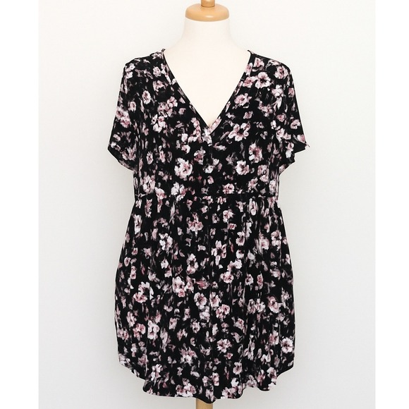 Womens Top Size 2X Black Floral Short Sleeve‎ Tunic Stretch Casual Cottage Boho - Picture 1 of 7